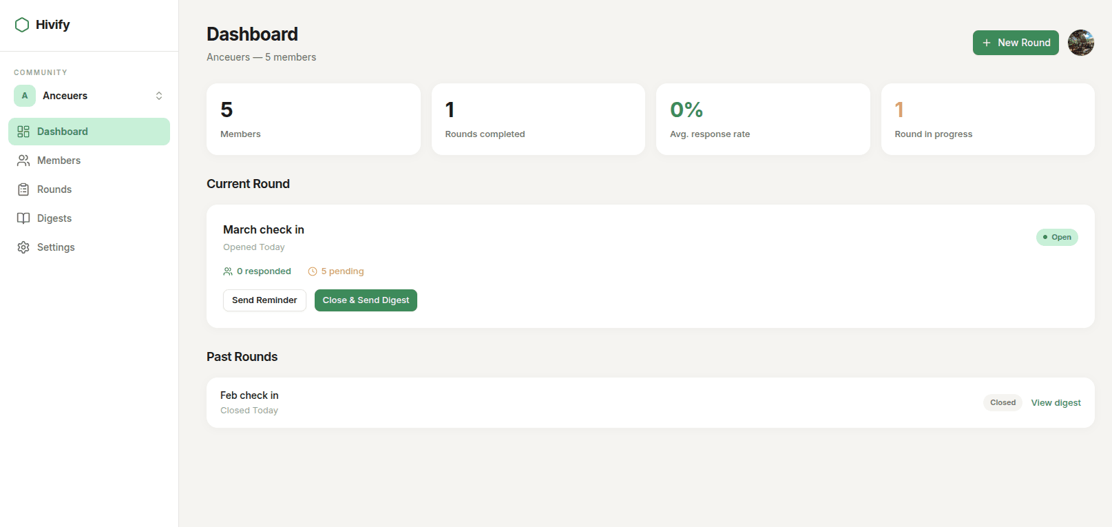 Hivify dashboard showing community check-in rounds and digests